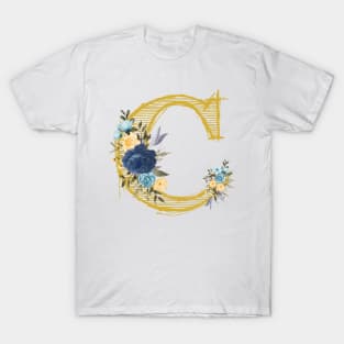 Monogram Letter C In Metallic Gold With Aesthetic Blue Flowers Botany T-Shirt